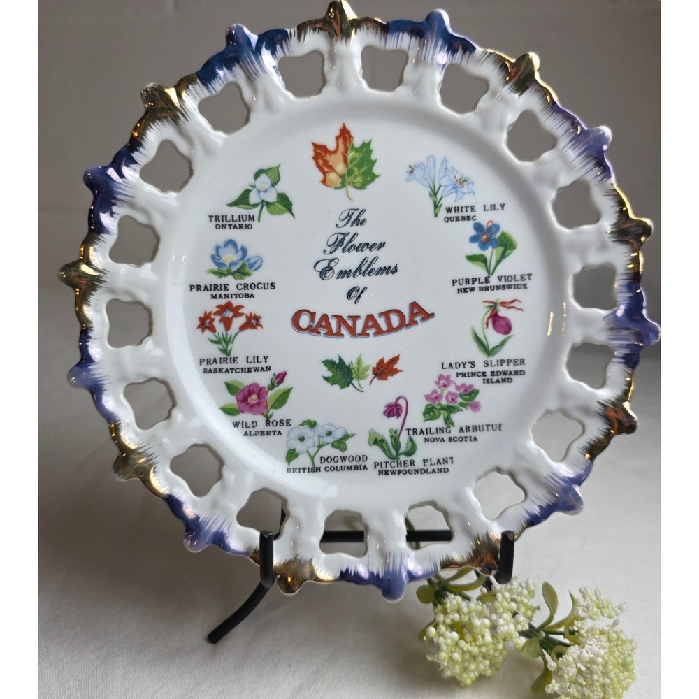 Vintage Giftcraft Flower Emblems of Canada Reticulated Porcelain Plate Japan